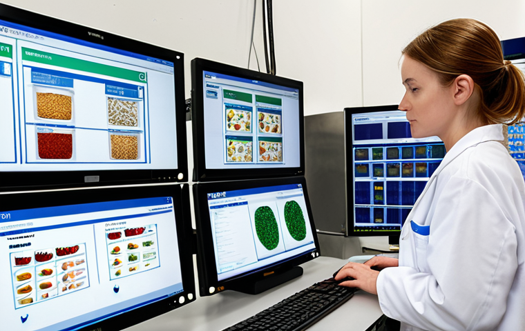 **
Prompt: A modern food processing plant interior. Focus on traceability. An ERP system interface on a large screen displays a detailed supply chain map of ingredients, with lot numbers, supplier information, and quality certificates linked to each batch. Technicians in lab coats are monitoring the screen. Emphasis on clean, efficient, and data-driven quality control.
**