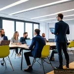 Home 17 공정관리기술자들이 선호하는 연수 및 세미나 - A modern professional seminar room in Paris, filled with diverse French-speaking project managers en...