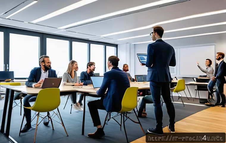공정관리기술자들이 선호하는 연수 및 세미나 - A modern professional seminar room in Paris, filled with diverse French-speaking project managers en...