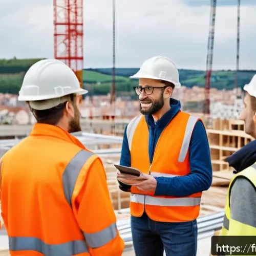 Home 26 공정관리기술자의 필수 리더십 스킬 - A dynamic construction site scene in France featuring a diverse team of workers in safety gear and c...