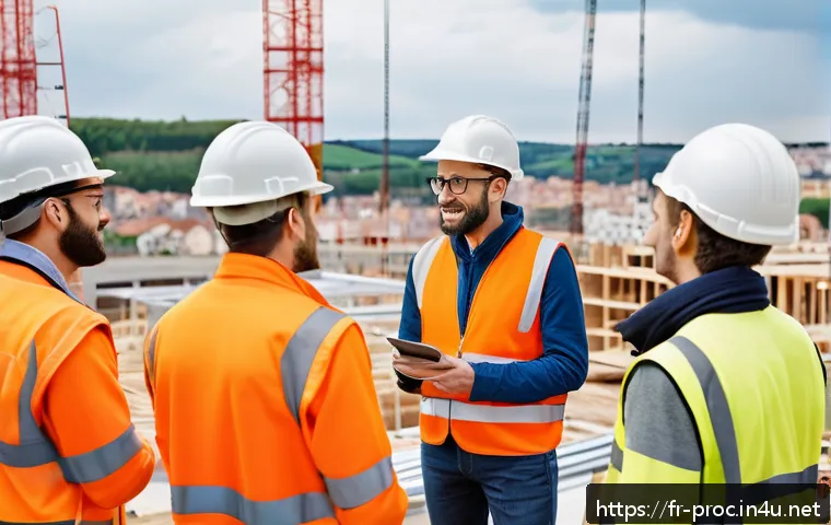공정관리기술자의 필수 리더십 스킬 - A dynamic construction site scene in France featuring a diverse team of workers in safety gear and c...